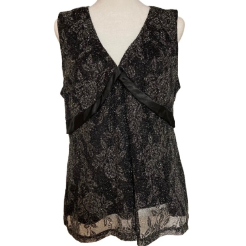 NWT Vintage I.N. Studio Sleeveless Black & Silver Metallic Blouse Size XL